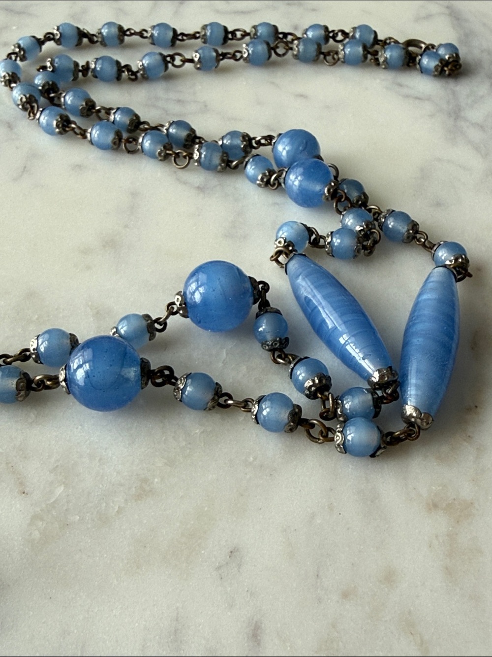 Vintage blue Czech 1920s art deco glass rosary bead necklace jewelry Sezane Doen - Picture 3 of 5